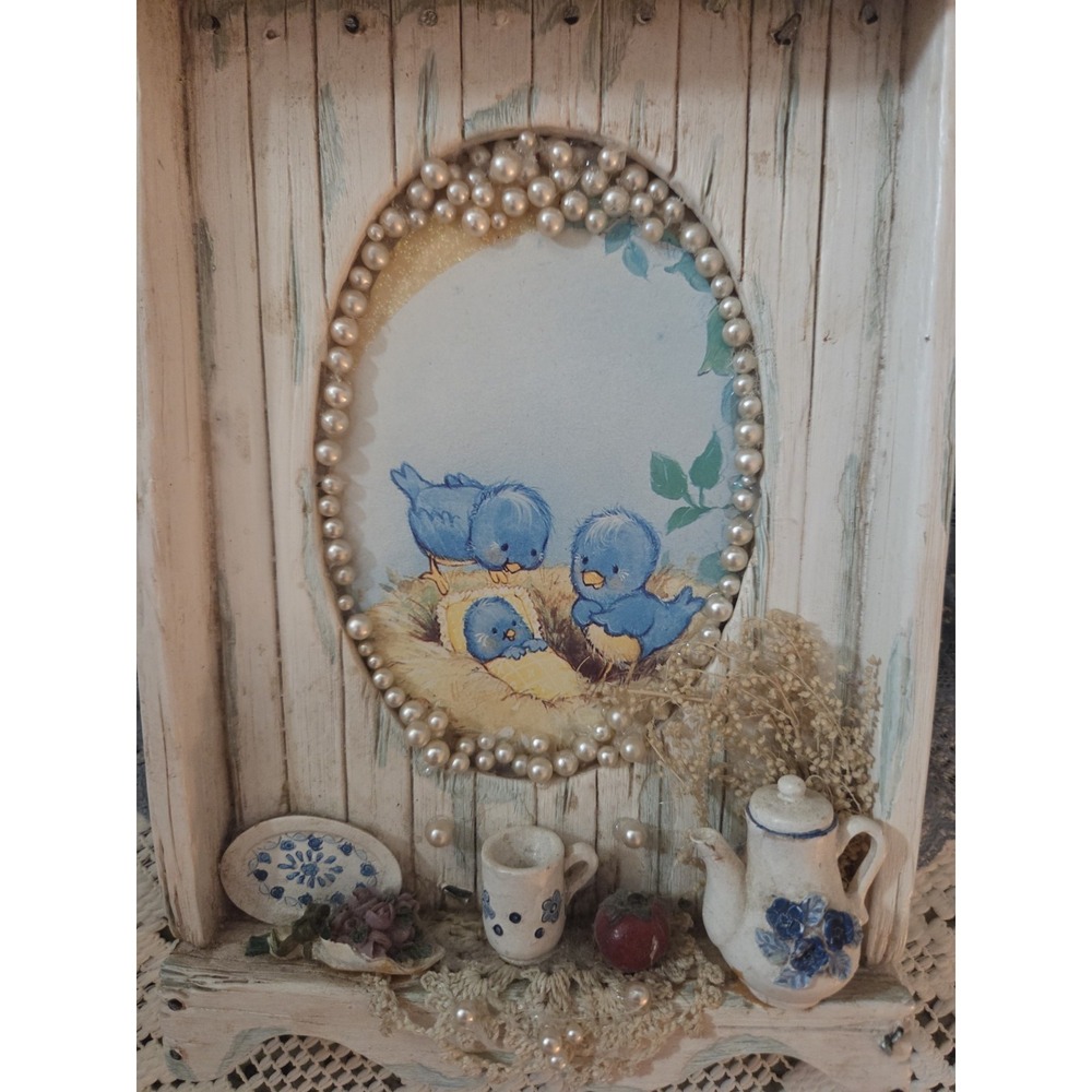 Vintage‎ Wall Art FramedPicture W Baby Blue Birds Lace Faux Pearls Cottage Cute - Picture 2 of 8